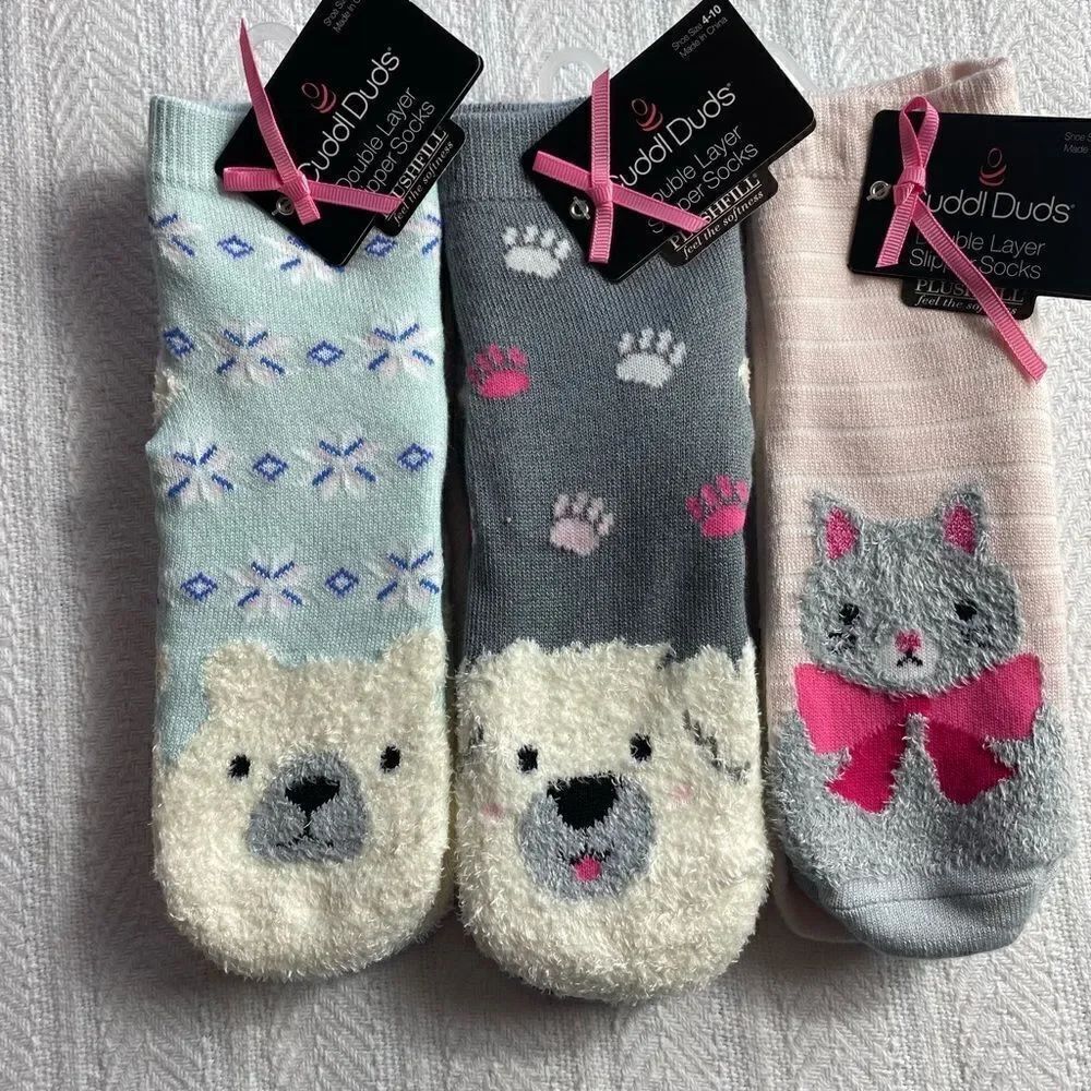 Cuddl Duds Girls 4-10 Ankle Double Layer Slipper Socks Total 6 Pr